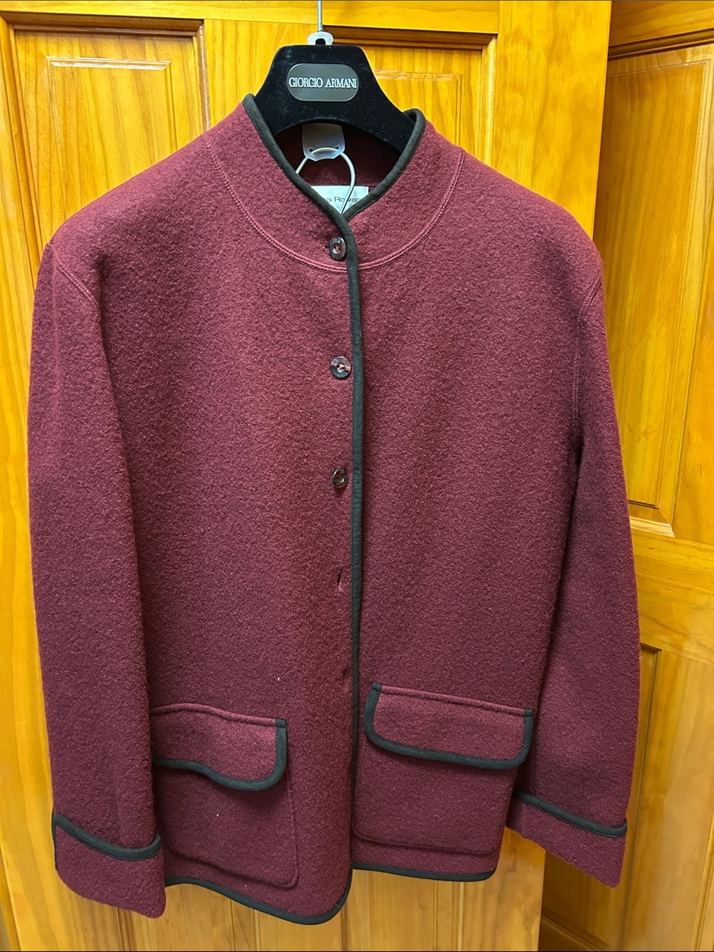 Rena Rowan Maroon Wool Jacket with Black Trim. Wool.